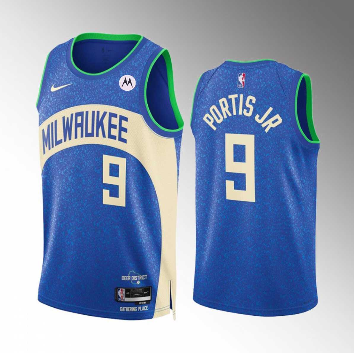 Mens Milwaukee Bucks #9 Bobby Portis Blue 2023-24 City Edition Stitched Basketball Jersey Dzhi